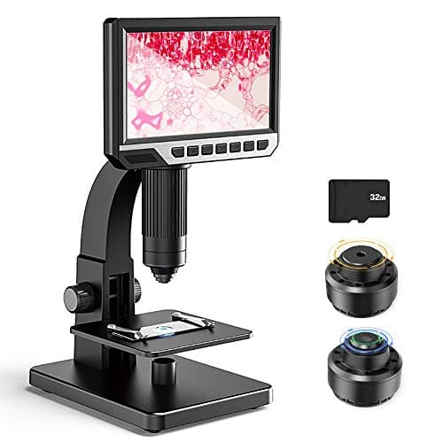 Microscopio digital con pantalla LCD de 7 pulgadas, doble lente 500-2000X, cámara de 12 MP con cámara 32G TF luz de 11 LED portátil recargable para ciencia y biología, escuela e investigación
