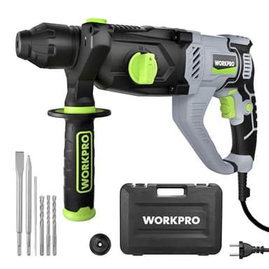 WORKPRO Taladro Percutor Eléctrico 1050W, Martillo Perforador, Percutor con Mango Giratorio 360°, con 4 Funciones y Velocidades Variables，Incluye Brocas SDS Plus, para Hormigón, Metal y Madera