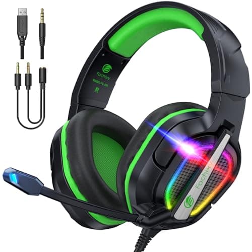 Fachixy FC-200 Cascos Gaming para PS4, PS5, PC, Xbox, Nintendo Switch, Auriculares Gaming para PS5 con micrófono ENC, para Juegos de 3,5 mm con luz RGB (RGB Negro Verde)