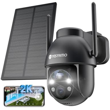 YESYAMO 2K Cámara Vigilancia WiFi Exterior Solar con Batería, Panel Solar, 2.4GHz Wi-Fi Cámara Exterior Solar IP66, 360° PTZ, Visión Nocturna Color, Audio Bidireccional, PIR Sirena, Negra