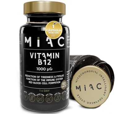 MIAC Vitamina B12. Metilcobalamina B12 60 Cápsulas. 1000 mcg. Vitaminas B12 para Combatir Cansancio y Fatiga. Complemento Alimenticio para el Sistema Inmune. Complejo B12 Plus Energía