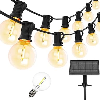 Yuucio Cadena de luces solares para exteriores, 15 m, luces LED para exteriores, 25 + 1, bombillas de plástico, resistentes al agua IP44, para exteriores, jardín, terraza, árboles, decoración de