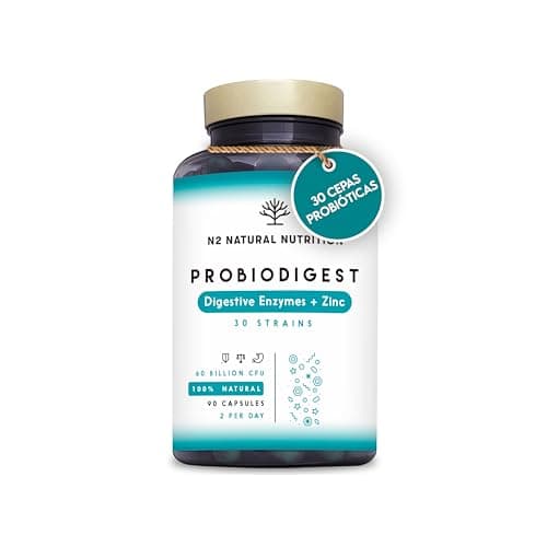 Probioticos y Prebioticos Intestinales con 30 Cepas Bacterianas, Enzymas Digestivas y Zinc. Mejora las Digestiones y el Tránsito Intestinal. Equilibra la Microbiota. 90 Capsulas. N2 Natural Nutrition