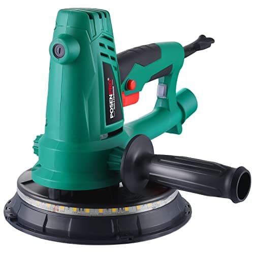 POSENPRO Lijadora de Pared 750W, Lijadora pared y techo con luz LED, 1500-2700 RPM/5 velocidades de succión variable ajustable, Lijadora de construcción en seco, incl. 6 papeles de lija de Ø 180 mm