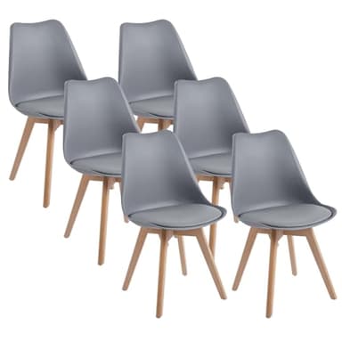 DEWINNER Sillas de Comedor escandinavas, Silla de Oficina Retro, Asiento Acolchado de Haya Maciza (Gris, Juego de 6)