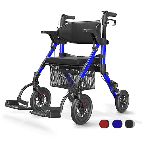 VOCIC Andador Silla de rueda 2 en 1 Andadore para anciano mayores con asiento,Silla transporte Andador plegable ligero, Aluminio ajustable en altura para exteriores y viajes, Azul(5 años de garantía)