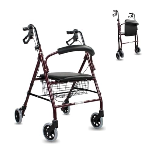 Mobiclinic®, Andador para ancianos, Modelo escorial, Marca española, Plegable, Frenos manuales y bloqueables, Aluminio, Con cesta, Ligero resistente, Asiento 4 ruedas, Color burdeos
