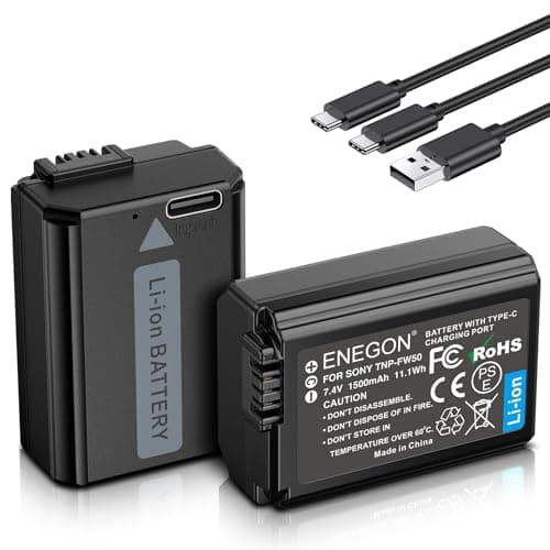 ENEGON NP-FW50 Tipo C Puerto de Carga Baterías (2x1500mAh) para Sony ZV-E10, A6000, A6500, A6300, A6400, A7, A7II, A7RII, A7SII, A7S, A7S2, A7R, A7R2, A55, A5100, A5000, A3000, A55, RX10