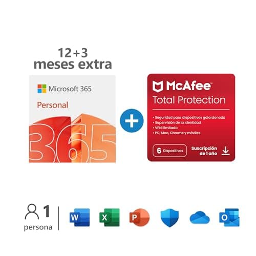 Microsoft 365 Personal | 1 persona |PC/MAC/tableta/teléfono | 12+3 Meses + McAfee Total Protection 2022 | 6 Dispositivo | 12 Meses | PC/Mac/Android/Smartphones - Código de activación por email