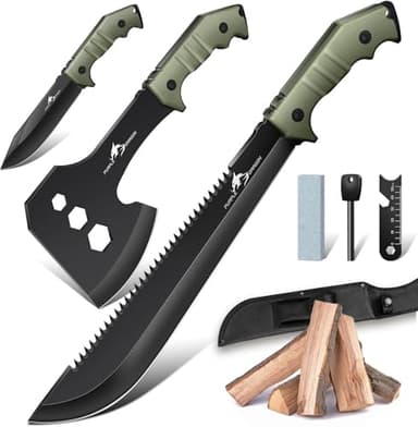 Purple Dragon Cuchillo al Aire Libre Hacha Set con Funda, Full Tang Hacha de división de una Sola Pieza de Acero D2, Camping Cuchillo de Supervivencia Regalos para Hombres