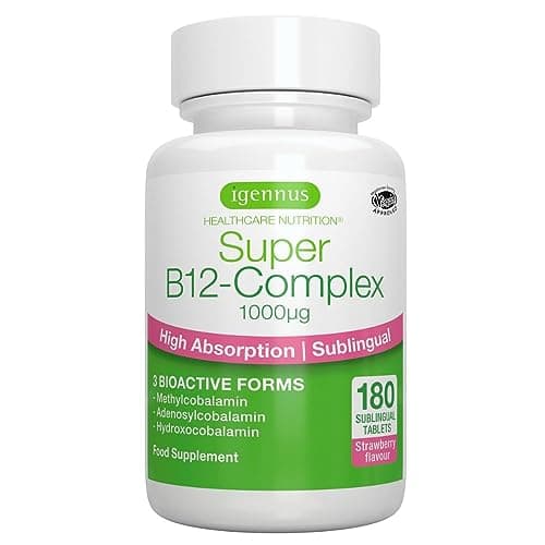 Vitamina B12 1000 mcg de Alta Absorción, B12 Sublingual, 180 Pequeños Comprimidos Veganos, B12 Como Metilcobalamina, Sabor a Fresa, de Igennus