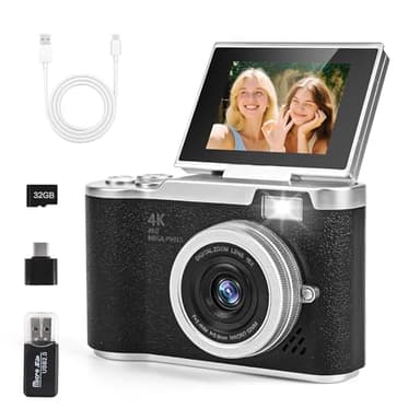 Cámara Digital HD 4K, Cámara de Fotos con Tarjeta SD de 32 GB, HD 1080P Cámara Compacta con Pantalla abatible de 2.4 Pulgadas y 180°, cámara de Zoom Digital de 8X para niños, Adolescentes (Negro)
