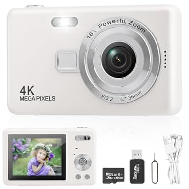 Cámara Digital HD 4K, Cámara de Fotos con Tarjeta SD de 64 GB, HD 1080P Cámara Compacta 2,4 Pulgadas Portátil Recargable Cámara Fotos con Zoom 8X para Niños, Principiantes, Adulto (Blanco)