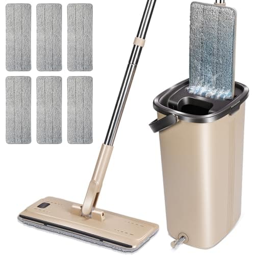 MASTERTOP Mopa Microfibre con Cubo Escurridor, Mopa Fregona Plana con Manos Libres, Trapeador Giratorio 360° con Cubo Sistema Autolimpieza para Lavado de Suelos Secos y Húmedos + 6 Almohadillas