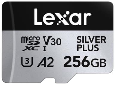 Lexar Tarjeta Micro SD 256 GB Silver Plus, Tarjeta de Memoria Micro SD con Adaptador, Tarjeta Microsdxc TF hasta 205 MB/s, A2, U3, Clase 10, V30, Full HD y 4K UHD para Cámara, Teléfono, Videoconsola
