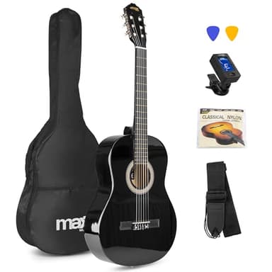 MAX SoloArt Guitarra clasica con cuerdas de nailon para Principiantes Adultos - guitarra flamenca con Funda, Afinador, Púa, Correa y Accesorios - Guitarra Española 4/4 en color negro