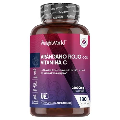 Arándano Rojo 25000mg, 180 Cápsulas Veganas, 6 Meses de Suministro - Enriquecido con Vitamina C que Contribuye al Funcionamiento Normal del Sistema Inmune (EFSA), Sin Estearato de Magnesio ni OGM