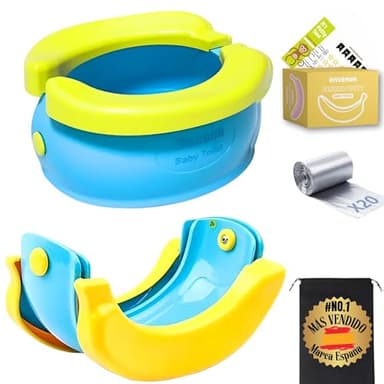RIVERMUM® I Orinal Portatil niños plegable, Orinal Portatil Banana, WC Portatil Niños, Plegable y Divertido, Ideal para Casa, Coche o Viajes, incluye 20 Bolsas, Cacalendario y Bolsa transporte (AZUL)