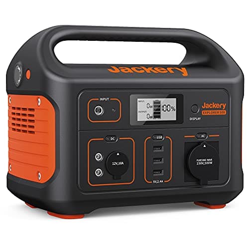 Jackery Explorer 500 Estación de Energía Portátil, 518Wh Batería de Litio Ion con 1 Toma AC 230V/500W (Pico 1000W) y 3 Tomas USB-A, Estación de Energía Solar para Camping, Autocaravana, Emergencia