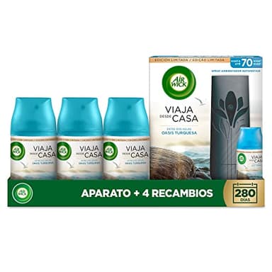 Air Wick Freshmatic, Aparato y 4 Recambios de ambientador spray automático, Aroma a Oasis Turquesa, El embaleje puede variar