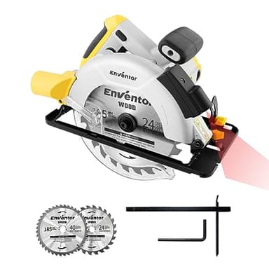 Enventor Sierra Circular 1200W con Guía Láser, Sierra Circular de Mano para Cortar Madera, 2 Hojas de Sierra 185mm(24T&40T), 5800RPM, Corte Máximo:62mm(90°) y 42mm(45°), Motor de Cobre Puro