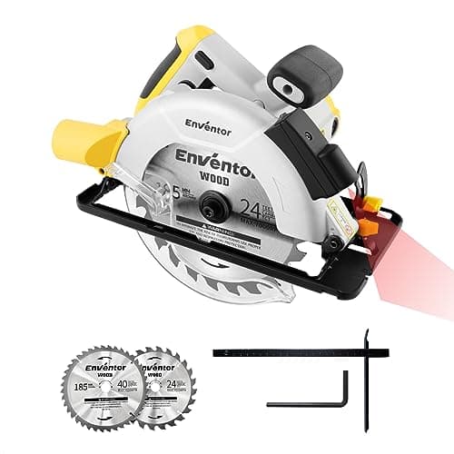 Enventor Sierra Circular 1200W con Guía Láser, Sierra Circular de Mano para Cortar Madera, 2 Hojas de Sierra 185mm(24T&40T), 5800RPM, Corte Máximo:62mm(90°) y 42mm(45°), Motor de Cobre Puro