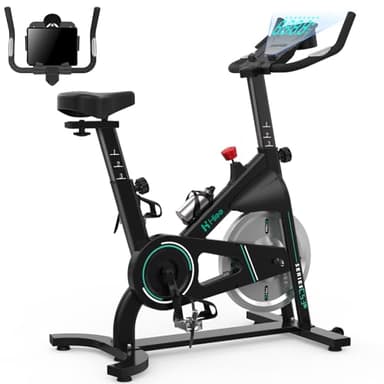 Bicicleta Estática, Bici Estatica Silenciosa en Casa, Bicicleta Spinning con Volante 15 KG, Pantalla LCD y Cómodo Cojín de Asiento, Soporte para iPad, Porta Botellas y Calapiés, Max 130Kg, Entrenamien