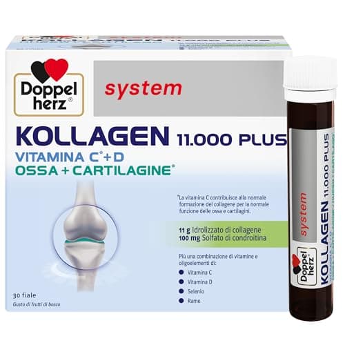 Doppelherz system KOLLAGEN 11000 PLUS - Complemento Alimenticio para Huesos, Articulaciones y Tendones con Colágeno, Vitaminas, Oligoelementos y Más, Sin Gluten ni Lactosa, 30 Viales