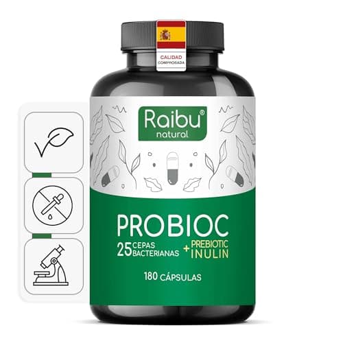Probióticos y prebióticos intestinales - 180 cápsulas, 25 cepas bacterianas + Inulina, 60 Mil Millones UFC - Lactobacillus, Bifidobacterium, Máxima concentración