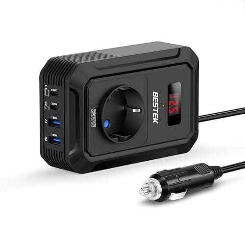 BESTEK Inversor 12v 220v Onda Pura 200W,Transformador 12V a 220V Convertidor Onda con 2 AC Tomas Y 2 USB-C (65 W y 30 W) 2 USB-QC (18 W) sinusoidal con Protección para Barco,Caravana,Coche（Negro）