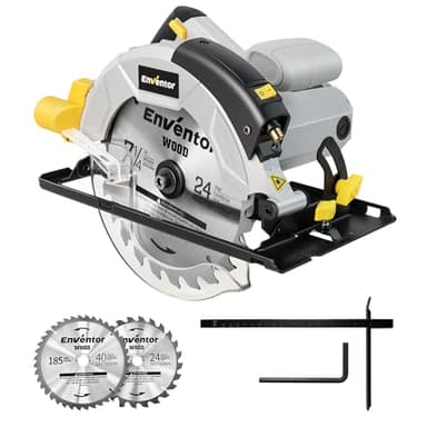 Enventor Sierra Circular 1200W, Sierra Circular de Mano 5800RPM, 2 Hojas de Sierra de 24T+40T(Ø185mm), Corte 62mm(90°)/42mm(45°), Guía Láser, para Cortar Madera, Metal Blando, Plástico