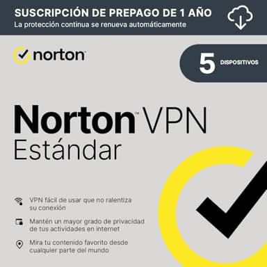 Norton VPN Standard 2025 | 5 Dispositivos| 1 año de suscripción con renovación automática | PC/Mac/Android/iOS | Código de activación enviado por email