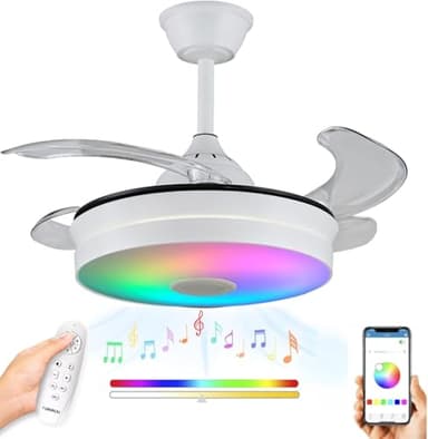 LUMIKING Ventilador de Techo con Luz LED - Aspas Retráctiles, Música y RGB - Silencioso con Lámpara y Moderno con Mando a Distancia, Bluetooth y APP para Salón y Dormitorio (92 cm)