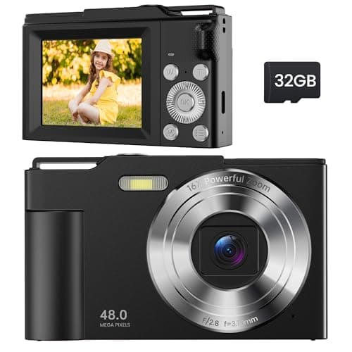Camara de Fotos Digital Compacta: 48MP Cámara 16X Zoom con Tarjeta 32GB - Camara de Fotos Digital Infantil Enfoque Automático - Videocamara para Principiantes Niños Adultos Negro