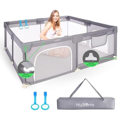 HuBorns - Parque Infantil Bebe 120x120 cm, Corralito Bebe para Actividades con Malla Transpirable y 2 Anillas Incluidas, Parque de Juegos Bebe Antideslizante, Parque Bebe Seguro con Vista 360 Grados