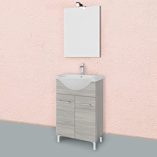 Kiamami Valentina Mueble de baño con pies de Roble Gris Completo con Lavabo y Espejo 56cm