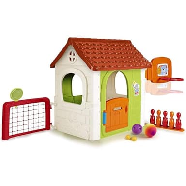 FEBER- Multi-Activity House 6in1, Casa Infantil con Bolos, Raquetas, Juegos de Pelota, Futbol, Baloncesto, Diana de Velcro, Juegos de imitación, a Partir de 3 años, Famosa (FEH15000), Versión actual