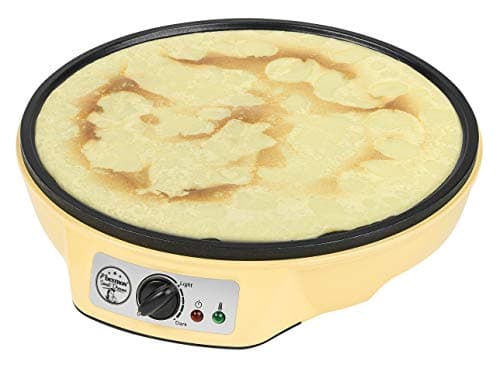 Bestron Crepera de diseño retro, Crepera electrica para crepes de Ø 30 cm, incl. esparcidor de masa y volteador de crepes, con revestimiento antiadherente, 1000 vatios, color: amarillo