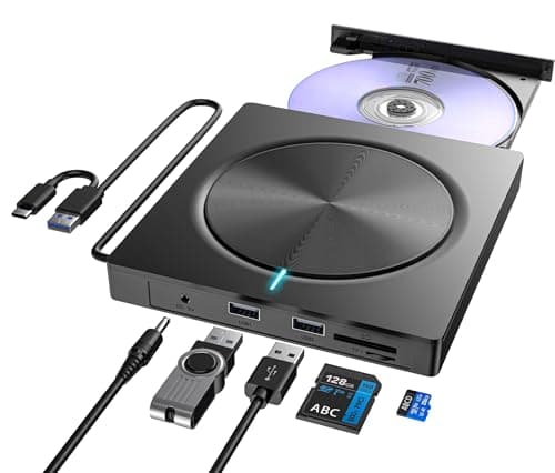 Lector CD/DVD Externo, Grabadora Externa con USB 3.0 y USB-C, Unidades Portátil CD/DVD /-RW/ROM Estable, Lector Tarjetas SD TF y 2 Puertos USB 3.0 para PC/Portátil/Win 11/10/8/7/XP/Vista/MacOS/Linux