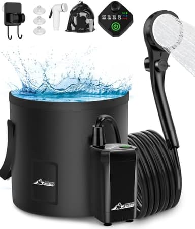 WADEO Ducha de Camping Portátil a Batería con Bomba y Cubo, Ducha de Camping al Aire Libre con Batería Recargable, Set de Ducha Móvil, para Camping, Viajes, Jardín, Lavado de Coches - Negro