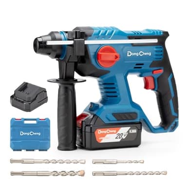 DongCheng Martillo perforador sin cable 18V, energía de impacto 2,1 J, 4 piezas SDS-plus, perforación hasta 28 mm, motor de percusión sin escobillas empuñadura antivibración baterías 4Ah y cargador 2A