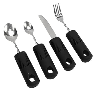4pcs Utensilios Adaptativos para Temblores de la Mano, Juego de Cuchillos, Tenedores y Cucharas con Peso y Mango Negro, Cucharas y Tenedores Adaptativos de Acero Inoxidable Fáciles de Sostener