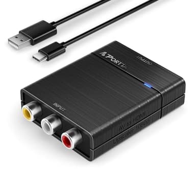 PORTTA RCA a HDMI Convertidor, AV a HDMI 1080P, Mini Composite CVBS a HDMI Adaptador upscaler, Support PAL/NTSC, Compatible con VHS, VCR, PS3, N64, Wii, STB, Xbox, Blue-Ray DVD Players