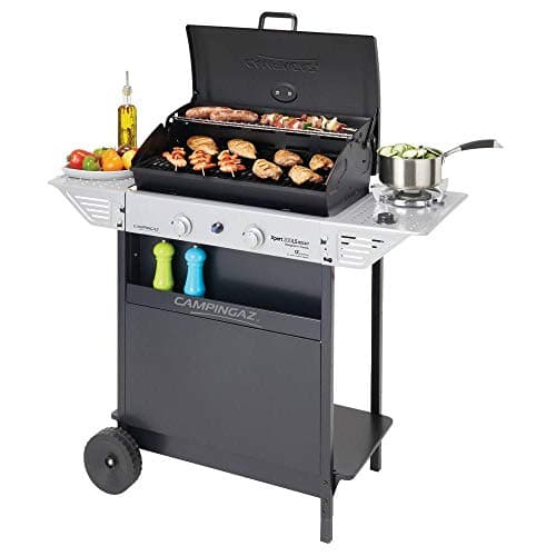Campingaz Xpert 200 LS Rocky Barbacoa Gas Piedra Volcanica | Parrilla Gas con 2 Quemadores Compactos | 8.2 KW de Potencia | 2 Parrillas de Hierro Fundido | 2 Mesas Laterales y Carro de Acero