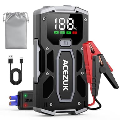 ACEZUK Arrancador de Coches 4000A, 12V Arrancador de Baterias de Coches (para 5.5L Disésel o 7.0L Gas), Jump Starter con 2.5 Inch Pantalla LCD, Clips de Seguridad Inteligentes, Luz LED