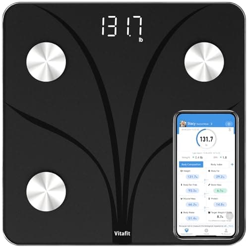 Vitafit Báscula Grasa Corporal, Pesaje de Fábrica Profesional desde 2001, Bascula de Baño Digital Sincronización de App 13 composición corporal que Incluye IMC, Grasa Corporal y Muscular, 180kg Negro