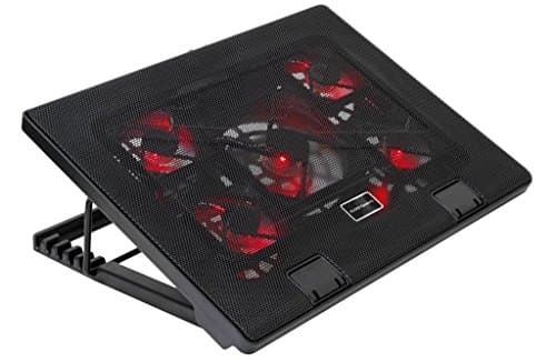 MARSGAMING MNBC2, Base Refrigeradora y Stand para Portátiles hasta 17.3”, Iluminación LED Roja, 5X Ventiladores UA5, Regulable 6 Posiciones, Estructura Acero, Rejilla Aluminio, 2X USB 2.0, Negro