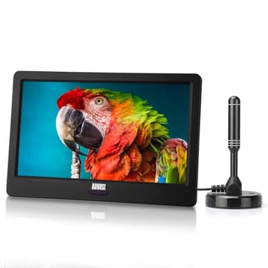 Mini TV Digital Portátil TDT 9 Pulgadas 1080p Recargable - August DA900D con Red, Batería o 12v, DVB-T / T2 HDM USB Jack 3.5, Tele LED y Grabación, Salón Cocina Coche Camión Caravana - Negro