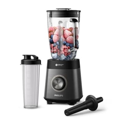 Philips Serie 5000 Batidora, Motor ProBlend Plus de 1200 W, Prepara Batidos Espesos de Fruta Congelada, Capacidad de 2 litros, Limpieza Sin Esfuerzo, Aplicación Nutri-U, Negro (HR3041/00)