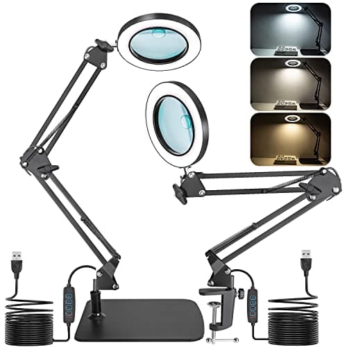 Jubor 2 en 1 Lupa con Luz y Soporte, 15X 10X Lámpara de Aumento, Lámpara de Trabajo con Pinza y Modo de 3 Colores, 72 Luces LED, Lámpara de Escritorio para Lectura, Reparación, Trabajo Manual